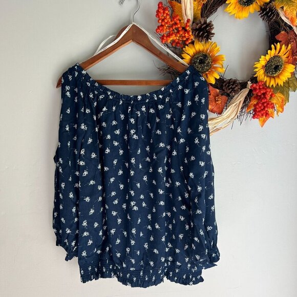 Blu Pepper Plus Smocked Cold Shoulder Top 2XL Navy White Floral - Picture 5 of 8